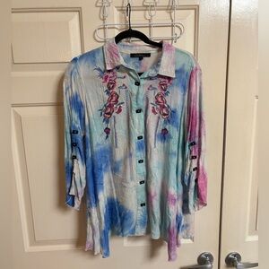 Calessa Tie Dye Boho Asymmetrical Flower Child Artsy Hippie Embroidered  Top